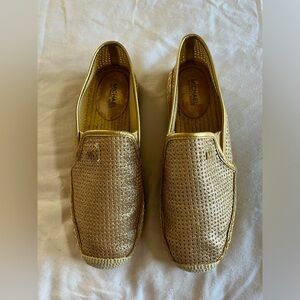 Michael Kors Hastings Metallic Linen Slip on Gold Espadrille Loafer Womens sz 6M
